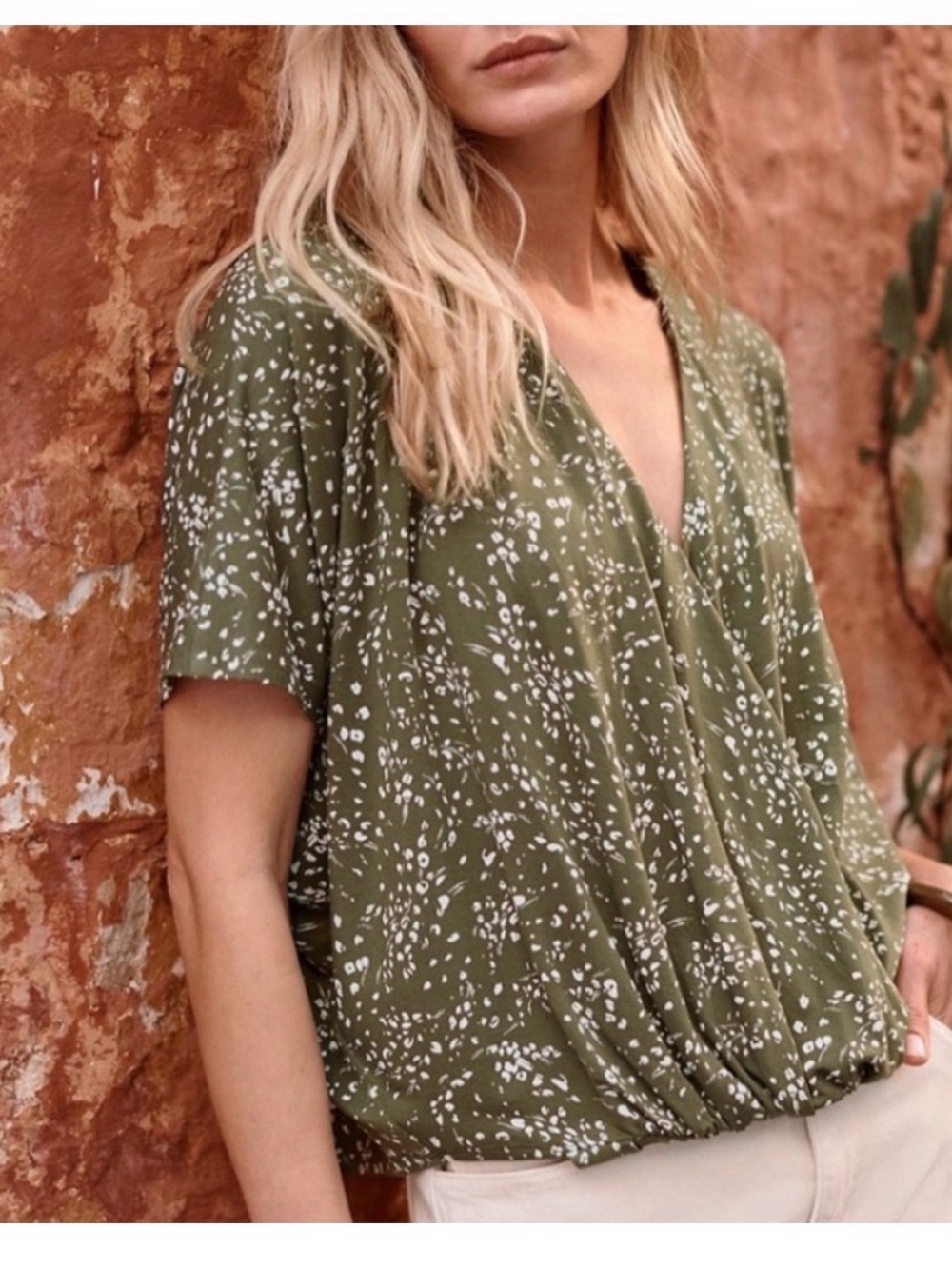 Garnet Hill Green Cotton Faux Wrap Green Patterned